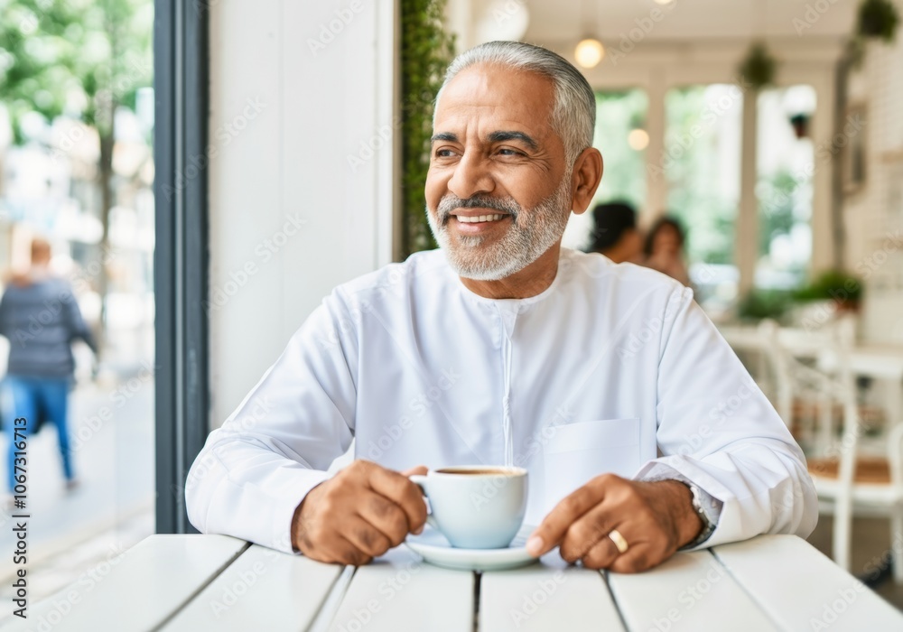 Elderly Middle Eastern man enjoying coffee at a bright café Elderly Middle Eastern man enjoying coffee at a bright café