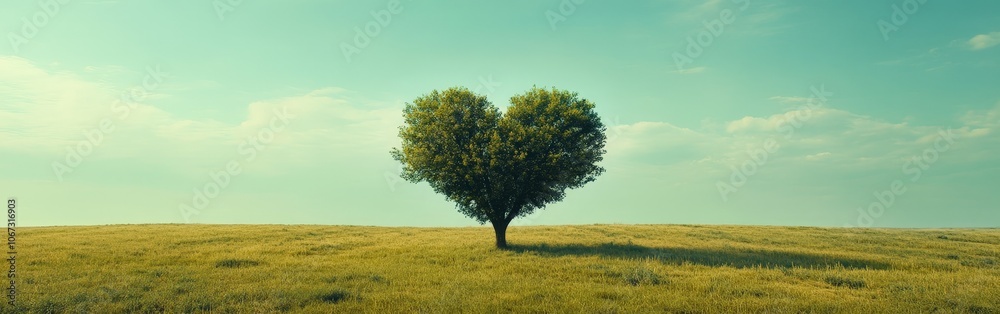 Heart-shaped Tree in Green Meadow with Blue Sky Background