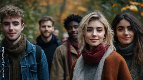 Group of Friends Walking on Autumn Forest Trail