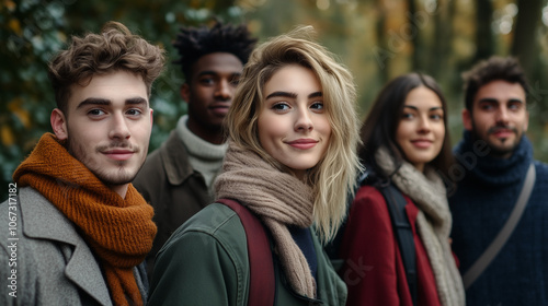 Group of Friends Walking on Autumn Forest Trail