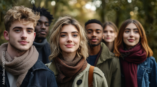 Group of Friends Walking on Autumn Forest Trail