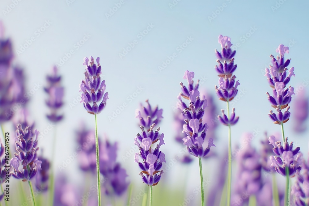 Obraz premium Field of lavender with clear sky for overlay text, soft purples, nature graphic, calming effect