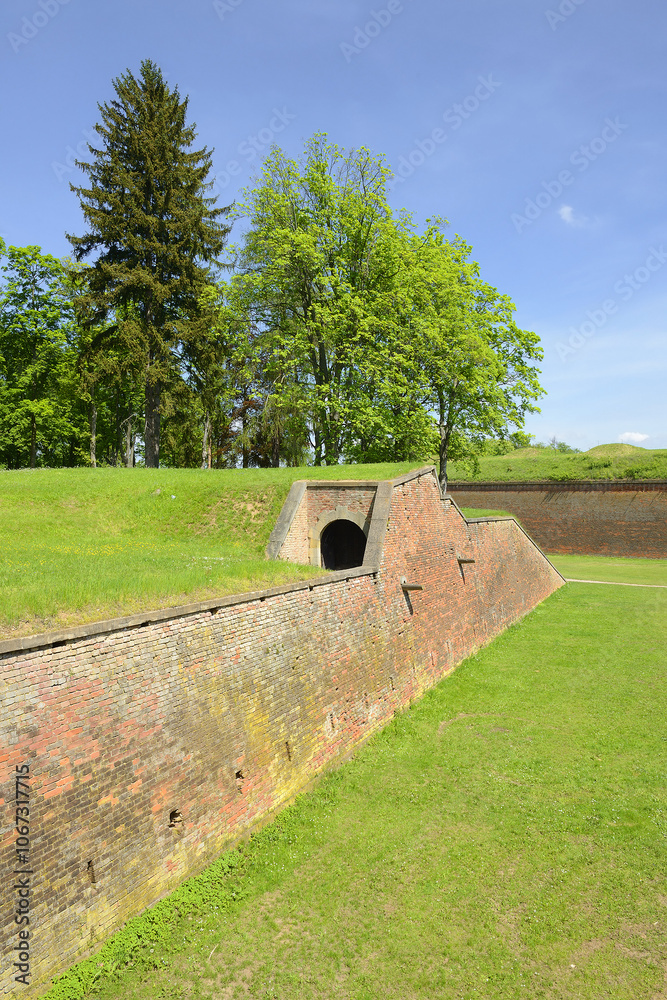 Main defensive wall, fortress town Josefov near Jaromer. Circumference of fortress skired around a 30 metres wide ditch. It is a large historic defence complex of 18th-century military architecture