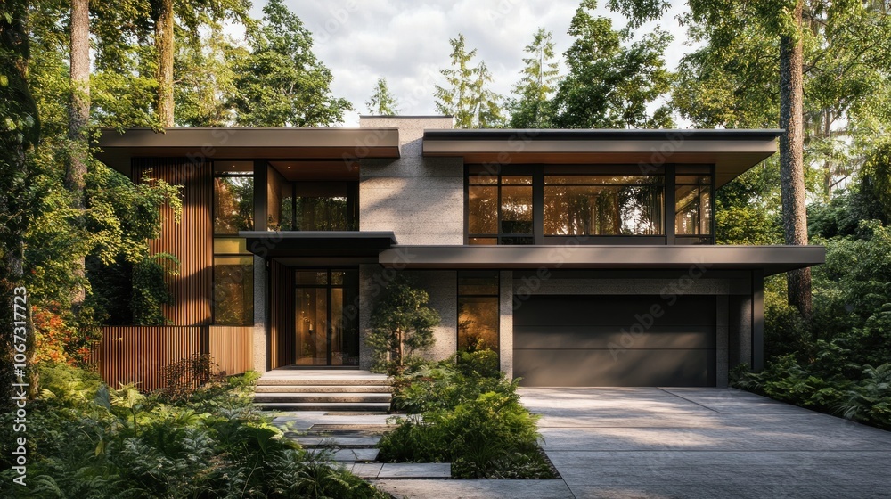 Modern house surrounded by lush greenery, featuring large windows and a sleek design. Modern house surrounded by lush greenery, featuring large windows and a sleek design.