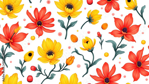 Seamless pattern with yellow and red flowers.