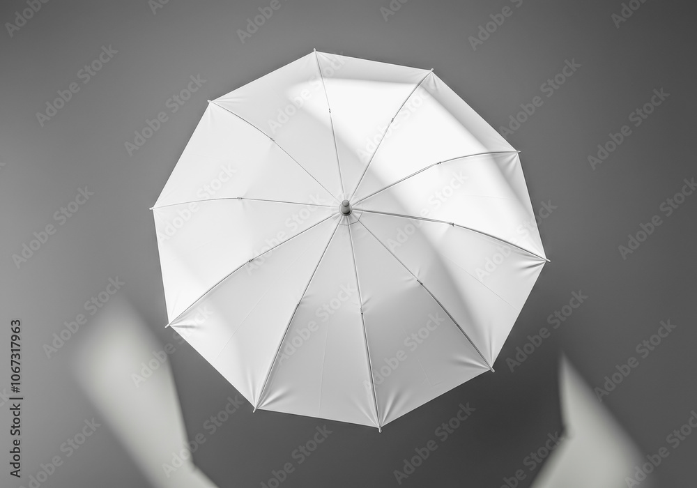 Minimalistic white umbrella top view on grey background for modern design and creativity Minimalistic white umbrella top view on grey background for modern design and creativity