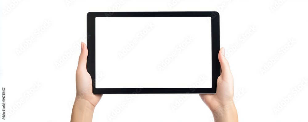 Hand holding blank tablet, corporate background, business graphic space, versatile digital display Hand holding blank tablet, corporate background, business graphic space, versatile digital display