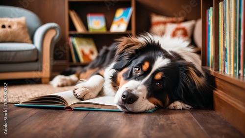 Bernese Mountain Dog in a Cozy Reading Nook photo