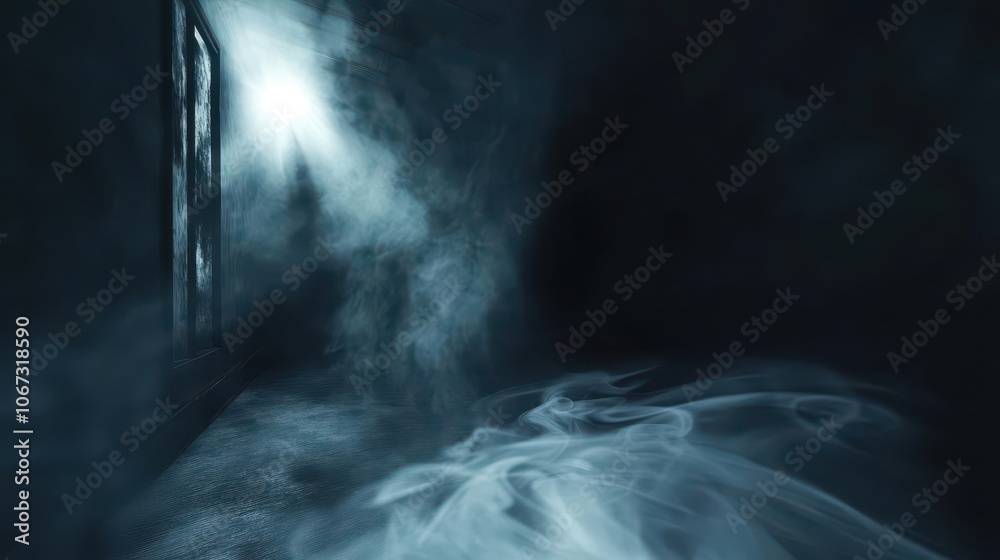 A dark room with a cold spotlight shining through swirling mist, adding depth A dark room with a cold spotlight shining through swirling mist, adding depth