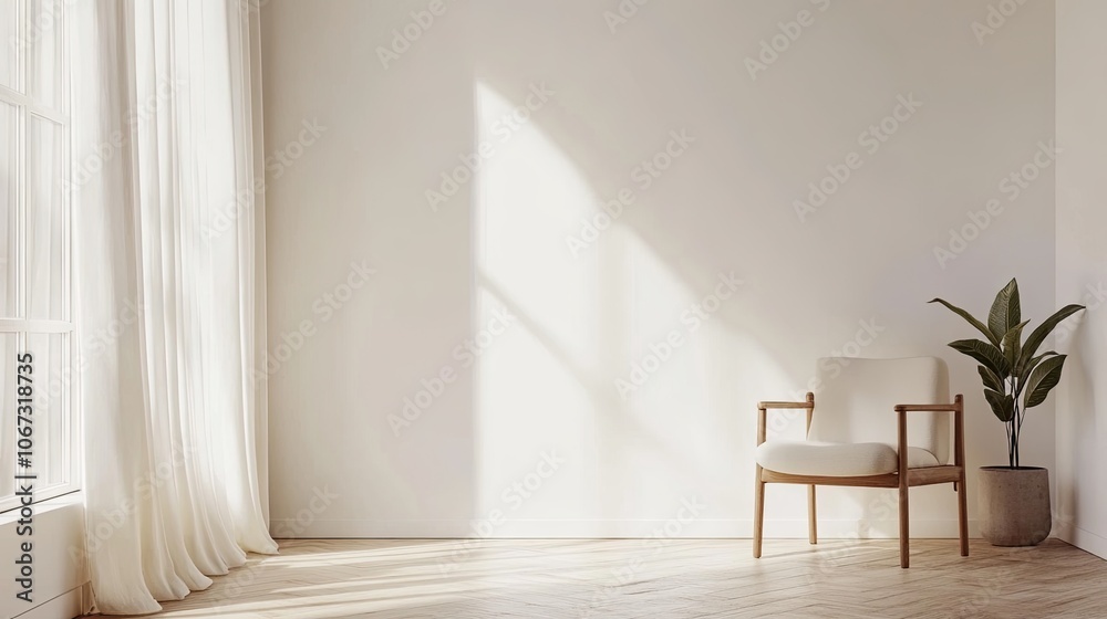 Fototapeta premium Modern light-filtering curtain in a soft ivory tone, hanging from sleek eyelet rings, centered on bright white backdrop.