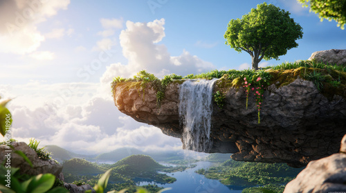 Lush floating island with powerful waterfall and vibrant greenery
