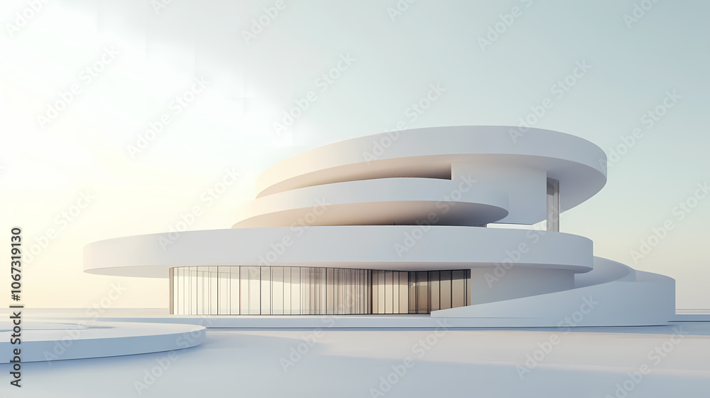 Fototapeta premium White circular building. geometric graphic design. Futuristic. Illustration