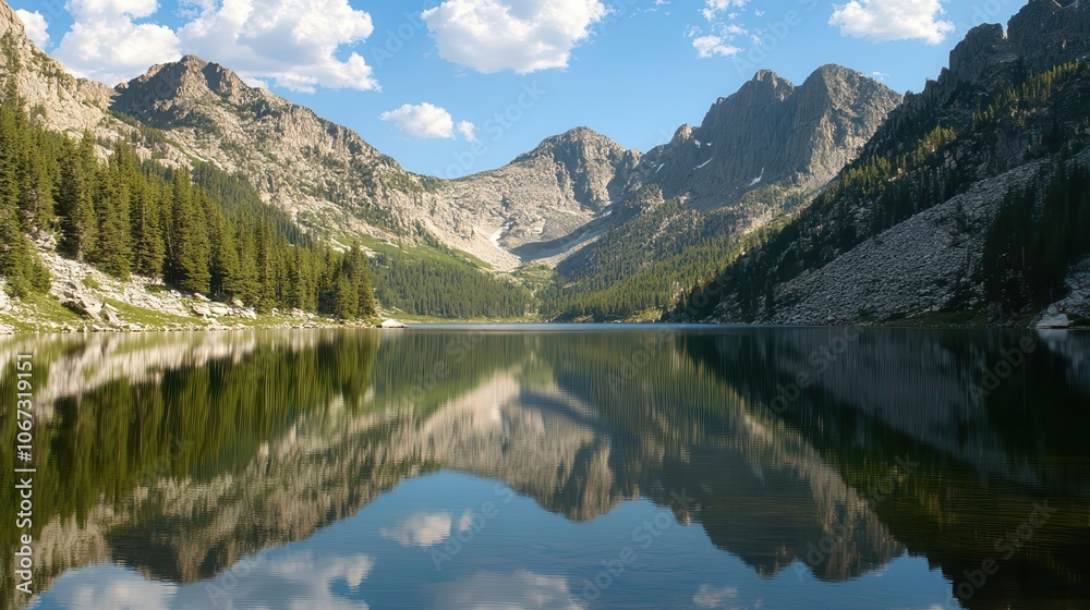 Mountain lake reflection with central space for logo or message, nature template, tranquil waters Mountain lake reflection with central space for logo or message, nature template, tranquil waters