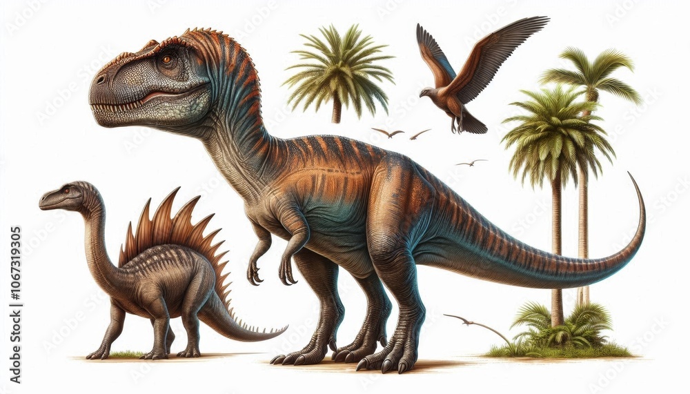 dinosaur illustration Realistic side, front and top view, isolated on white background dinosaur illustration Realistic side, front and top view, isolated on white background