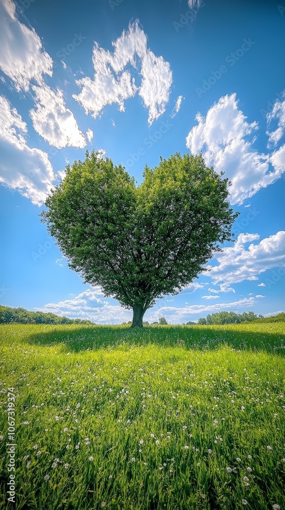 Tree in the shape of a heart under blue sky in springtime, nature and love symbol