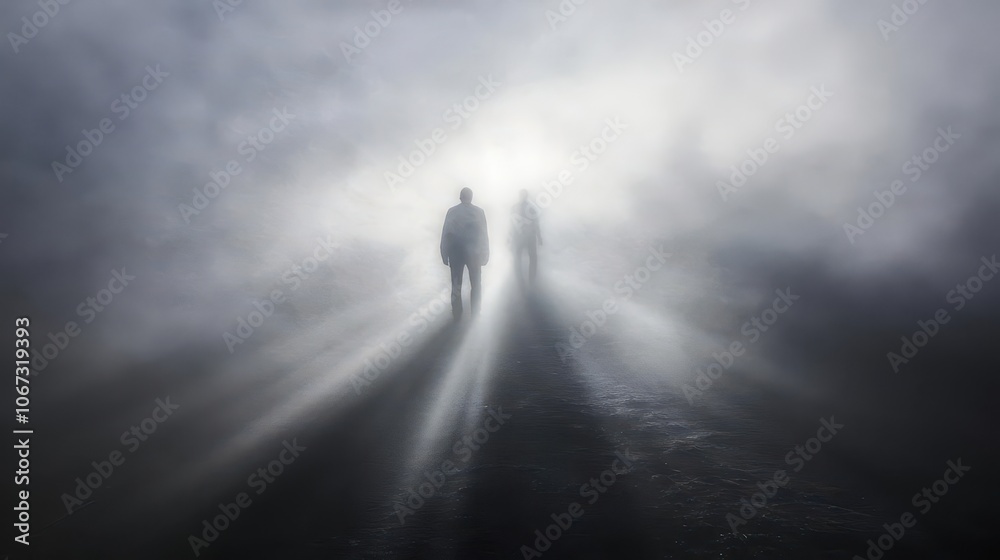 A spotlight beam gradually fading into fog, revealing shadows of figures in the distance A spotlight beam gradually fading into fog, revealing shadows of figures in the distance