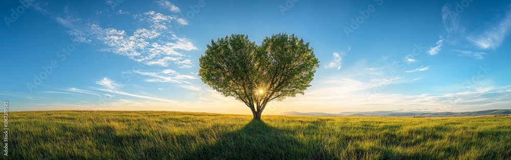 Tree in the shape of a heart under blue sky in springtime, nature and love symbol Tree in the shape of a heart under blue sky in springtime, nature and love symbol
