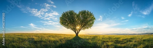 Tree in the shape of a heart under blue sky in springtime, nature and love symbol