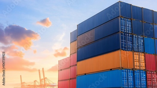 Cargo containers stacked at port, global trade concept, shipping management