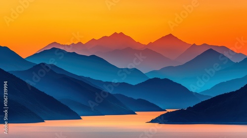 Majestic mountains at sunset, serene lake view.