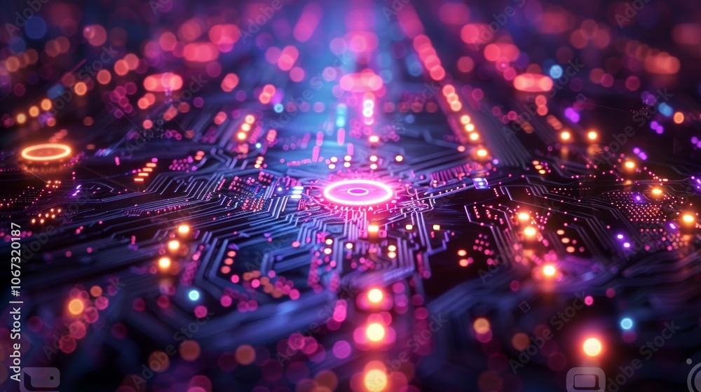 Obraz premium Futuristic Digital Circuit Board with Glowing Lights and Neon Colors in a High-Tech Background