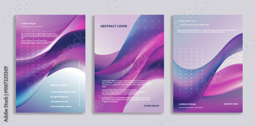 Abstract Cover with Gradient Waves for brochure and magazine design. Smooth flowing lines with purple and pink hues and dotted accents. A4 layout for flyers posters and marketing