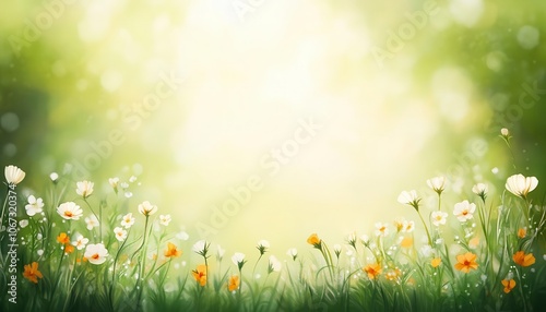 Sunlit field of wildflowers with blank space in center, soft pastel tones, nature graphic, springtime serenity