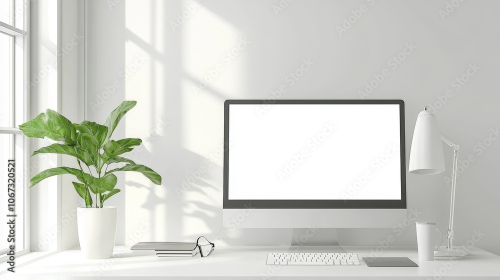 Modern Digital Learning Workspace with Computer, Plant, and Lamp in Minimalist Home Office Setting Modern Digital Learning Workspace with Computer, Plant, and Lamp in Minimalist Home Office Setting