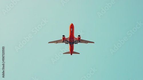 A vibrant red airplane flies against a pale blue sky, showcasing its wings and engines from a top-down perspective. photo