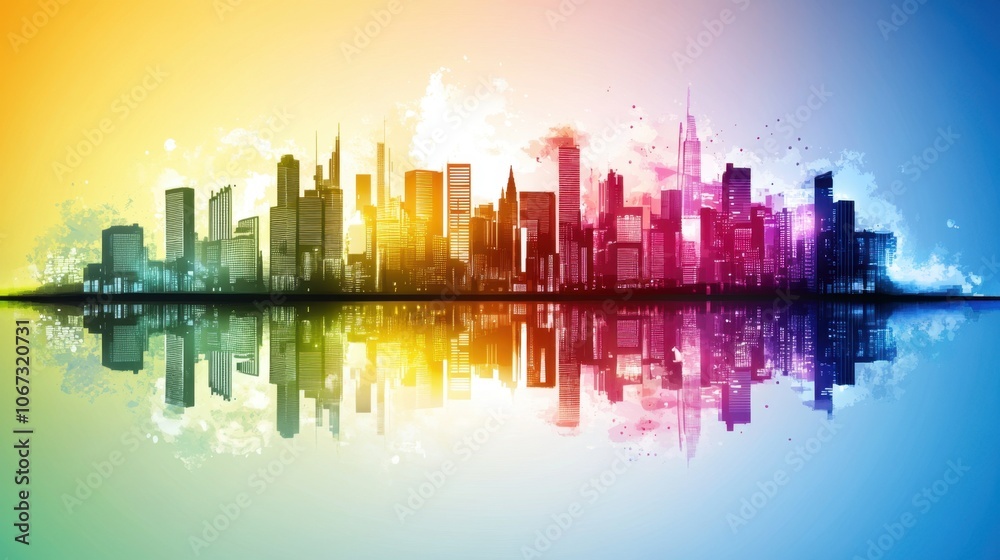 Obraz premium Abstract Cityscape Silhouette with Colorful Gradient Background
