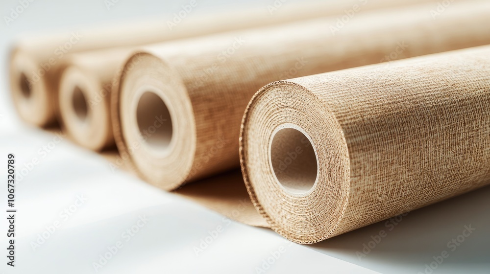 Roller blinds in premium cardboard packaging, isolated on white background, showcasing eco-conscious materials. Roller blinds in premium cardboard packaging, isolated on white background, showcasing eco-conscious materials.