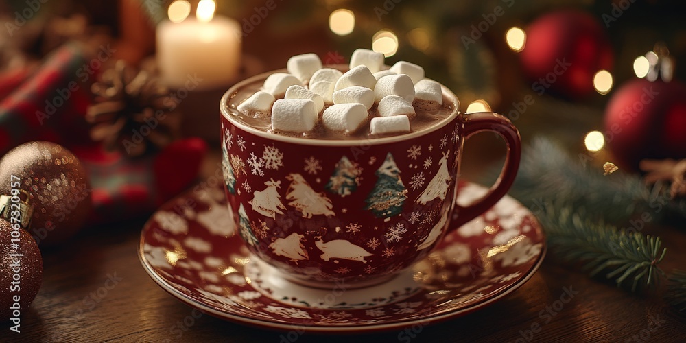 Hot chocolate with marshmallows in cozy Christmas setting