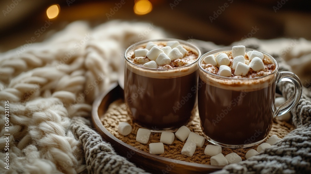 Hot chocolate with marshmallows in cozy Christmas setting Hot chocolate with marshmallows in cozy Christmas setting