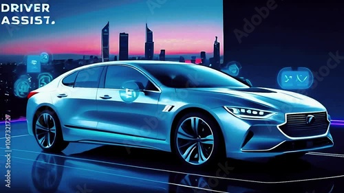A futuristic, high-tech illustration depicting the concept of driver assistance systems, a sleek, silver car with sleek lines and LED lights