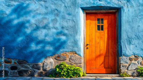 Porte orange fermée dans un mur bleu photo