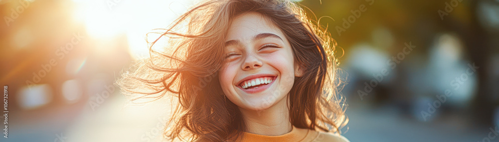 A woman with long hair is smiling and looking at the camera A woman with long hair is smiling and looking at the camera