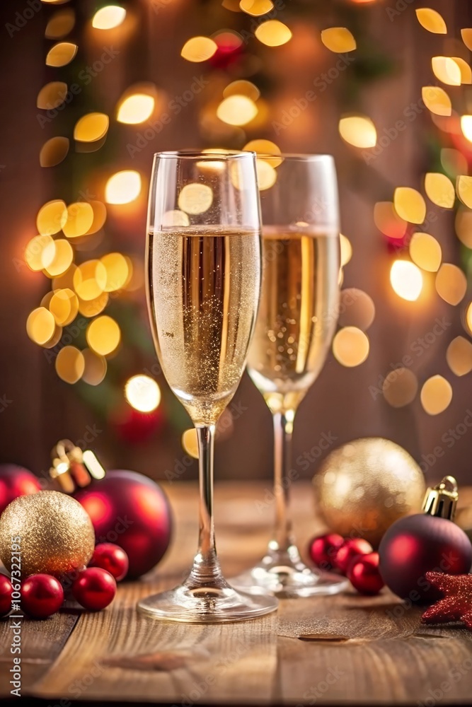 Christmas still life with champagne glass and festive decorations on light golden background with glitter sparkle bokeh. New Year and Christmas holiday template for design, celebration, congratulation Christmas still life with champagne glass and festive decorations on light golden background with glitter sparkle bokeh. New Year and Christmas holiday template for design, celebration, congratulation