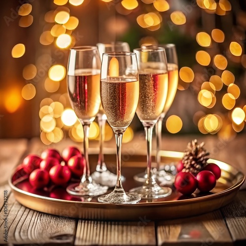 Christmas still life with champagne glass and festive decorations on light golden background with glitter sparkle bokeh. New Year and Christmas holiday template for design, celebration, congratulation