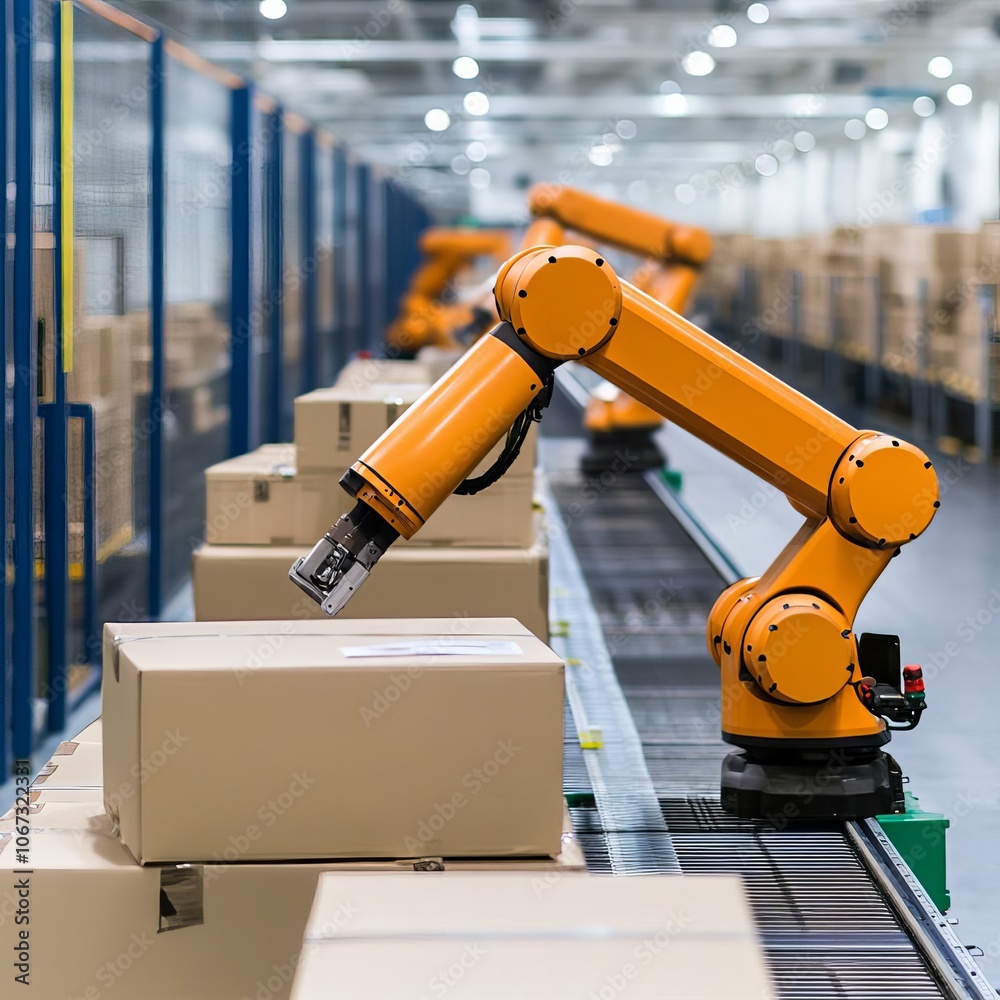 Distribution center with automated robots, modern logistics, streamlined workflow Distribution center with automated robots, modern logistics, streamlined workflow