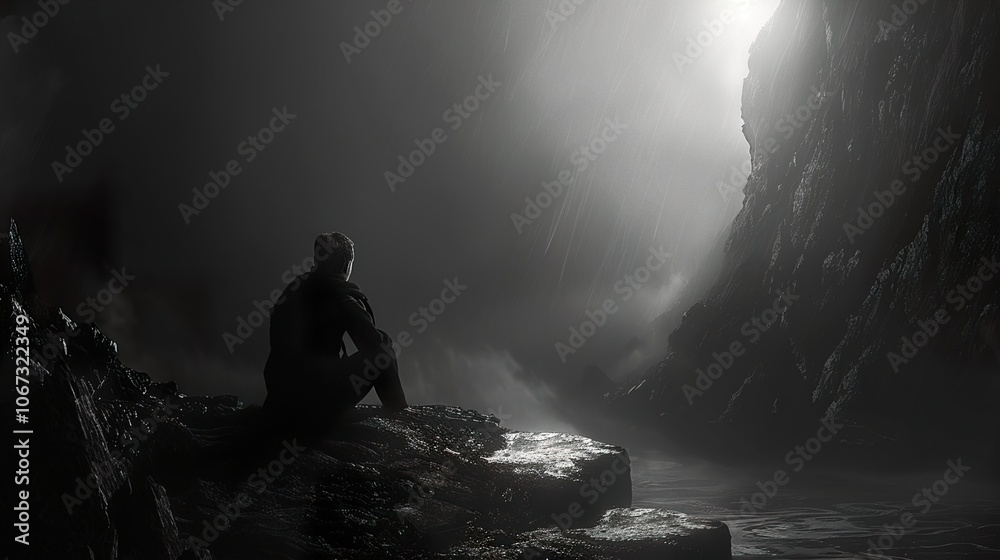 Solitude in the Mist: A Man Contemplates the Mountainous Landscape Solitude in the Mist: A Man Contemplates the Mountainous Landscape