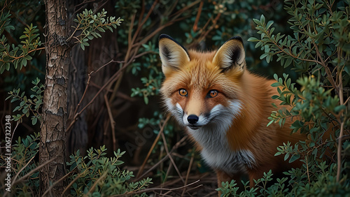 A sneaky fox hiding behind a bush