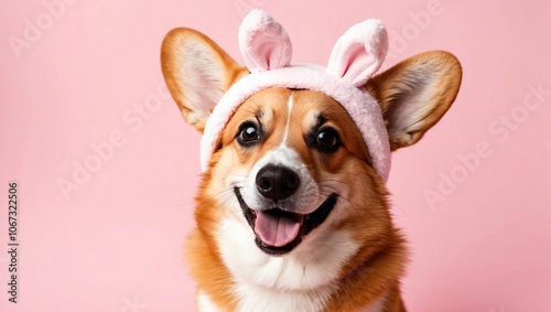 Playful Corgi with Bunny Hat and Charming Smile