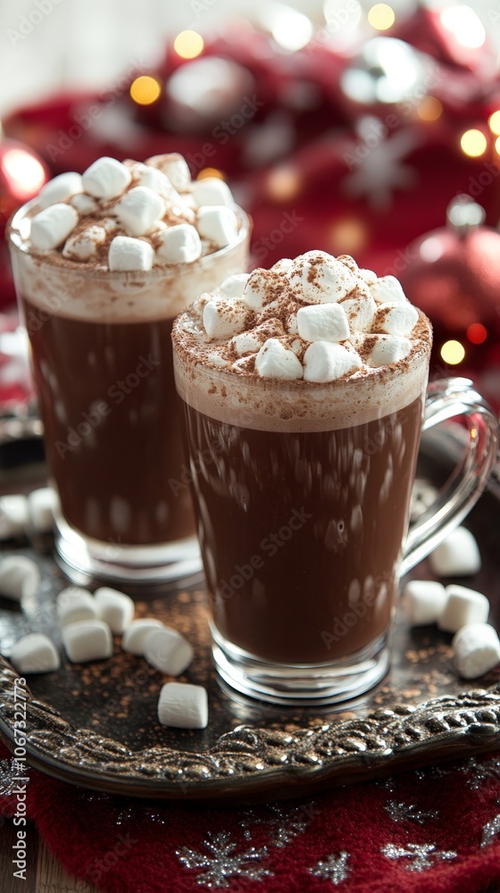 Hot chocolate with marshmallows in cozy Christmas setting Hot chocolate with marshmallows in cozy Christmas setting