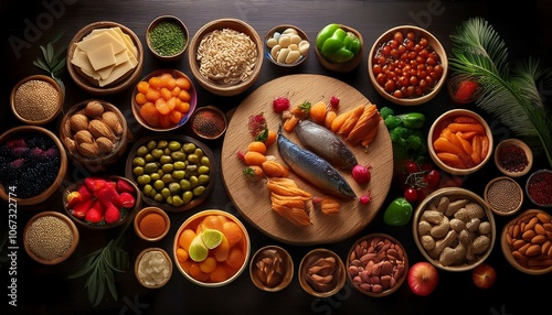 Variety of foods arranged on a table