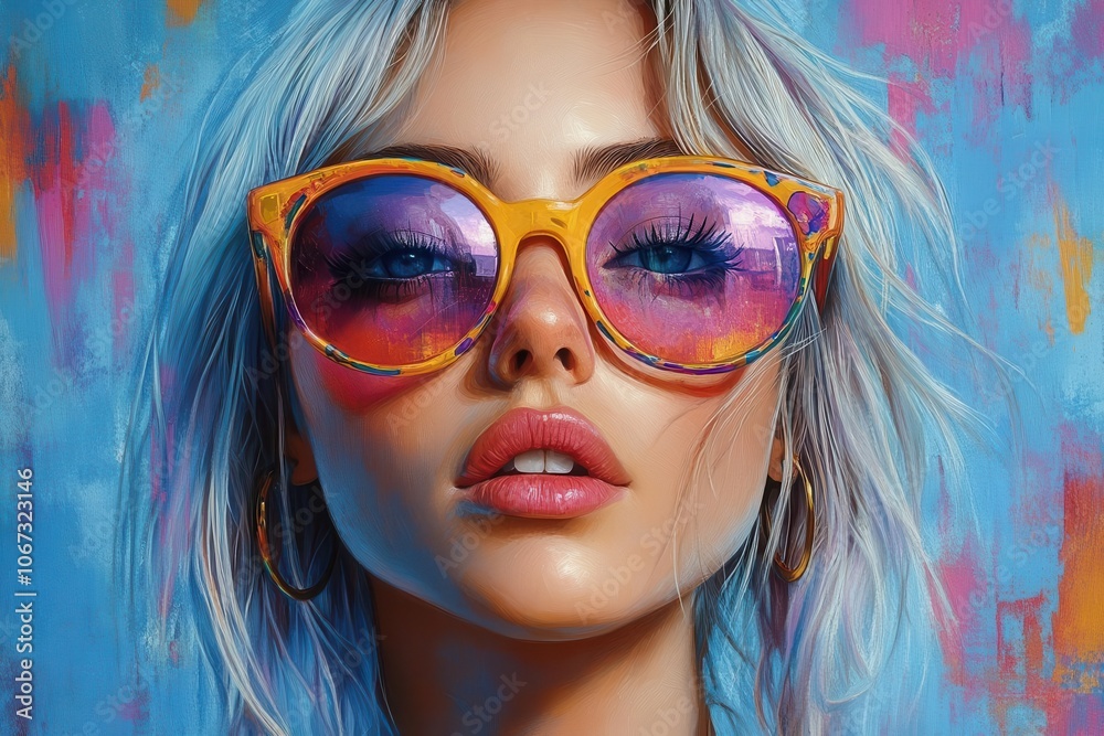 portrait of a fairhaired woman in vibrant sunglasses embodying a colorful psychedelic 1970s theme with bold patterns and hues creating a lively and artistic atmosphere