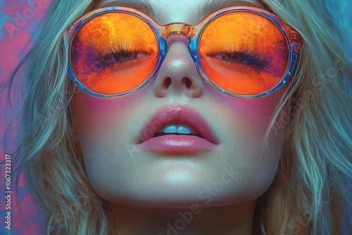 portrait of a fairhaired woman in vibrant sunglasses embodying a colorful psychedelic 1970s theme with bold patterns and hues creating a lively and artistic atmosphere photo