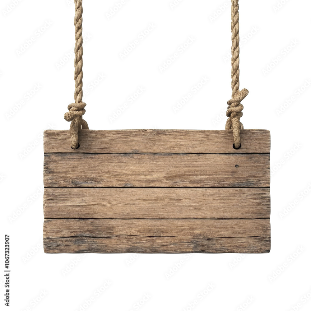 Wooden sign suspended by ropes for decoration Wooden sign suspended by ropes for decoration