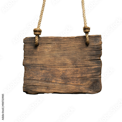 Rustic wooden sign hanging on sturdy rope photo