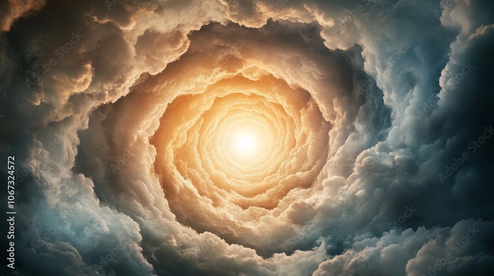 Ethereal spiral clouds embrace a radiant sun, creating a mesmerizing celestial display in a vibrant blue sky.