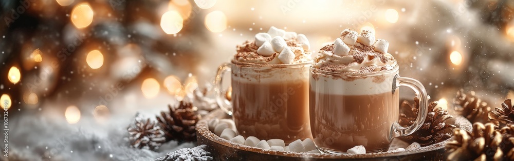 Hot chocolate with marshmallows in cozy Christmas setting Hot chocolate with marshmallows in cozy Christmas setting